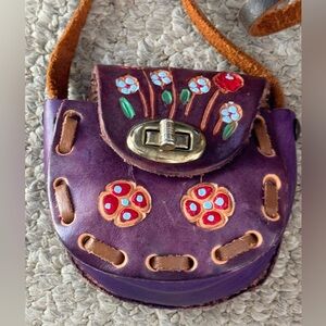 Vintage Mexico Purple Leather Painted Floral Bag Tiny Pouch Crossbody